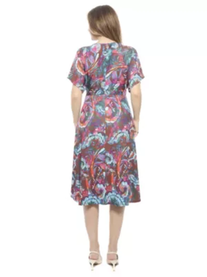 Womens Abstract V Neck Short Dolman Sleeve Twist Front A Line Midi Dress