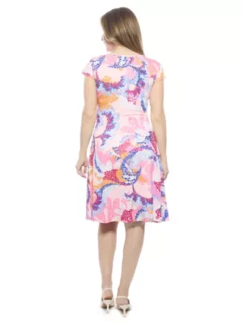 Womens Abstract V Neck Cap Sleeve Ruched Front Knee Length Dress