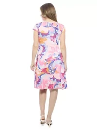 Womens Abstract V Neck Cap Sleeve Ruched Front Knee Length Dress