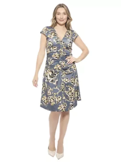 Womens Floral V Neck Cap Sleeve Ruched Front Knee Length Dress