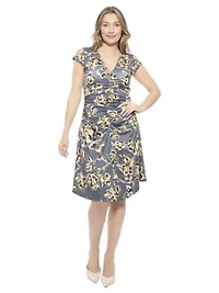 Womens Floral V Neck Cap Sleeve Ruched Front Knee Length Dress