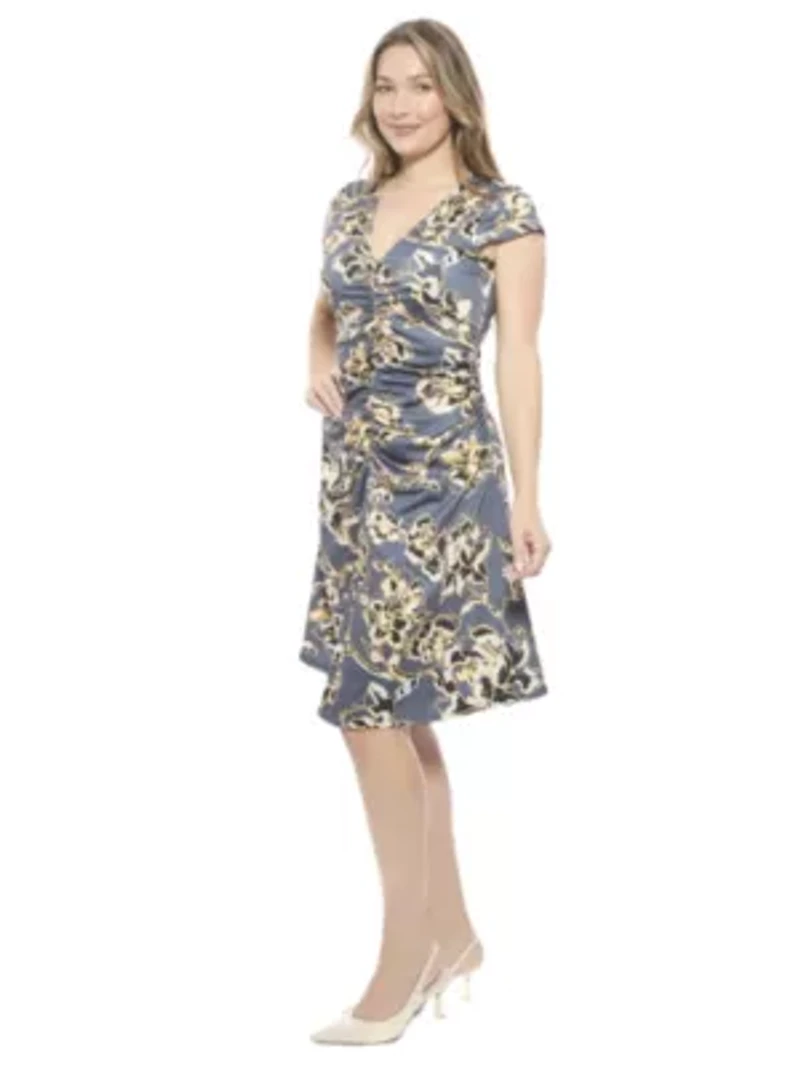 Womens Floral V Neck Cap Sleeve Ruched Front Knee Length Dress