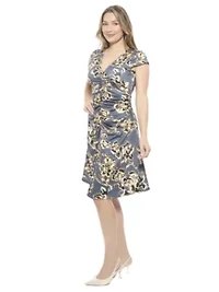 Womens Floral V Neck Cap Sleeve Ruched Front Knee Length Dress