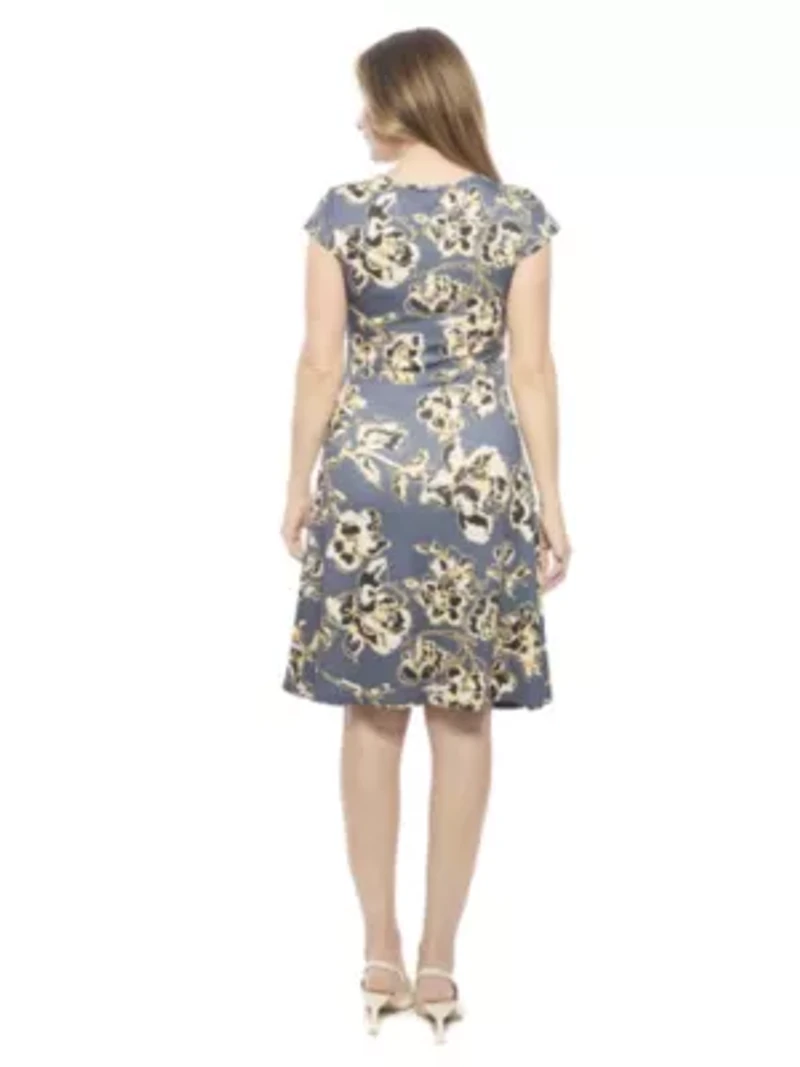 Womens Floral V Neck Cap Sleeve Ruched Front Knee Length Dress