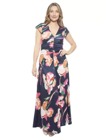 Womens Floral V Neck Cap Sleeve Ruched Front Maxi Length Dress