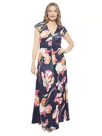 Womens Floral V Neck Cap Sleeve Ruched Front Maxi Length Dress