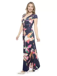 Womens Floral V Neck Cap Sleeve Ruched Front Maxi Length Dress