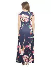 Womens Floral V Neck Cap Sleeve Ruched Front Maxi Length Dress