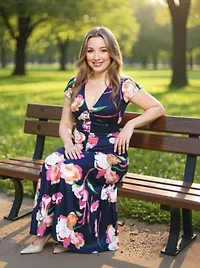 Womens Floral V Neck Cap Sleeve Ruched Front Maxi Length Dress