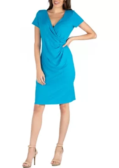 Womens Short Sleeve Knee Length Faux Wrap Dress