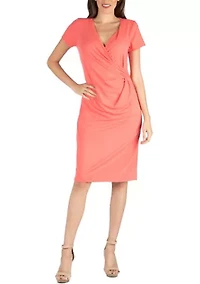 Womens Short Sleeve Knee Length Faux Wrap Dress