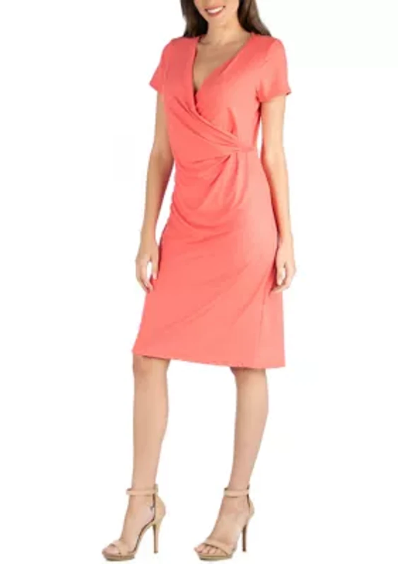 Womens Short Sleeve Knee Length Faux Wrap Dress