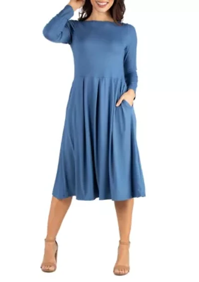 Women's Long Sleeve Fit and Flare Midi Dress