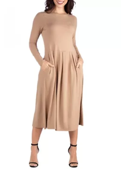 Women's Long Sleeve Fit and Flare Midi Dress
