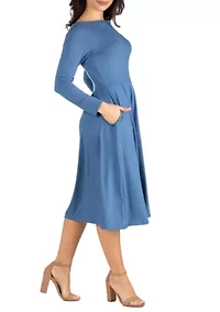 Women's Long Sleeve Fit and Flare Midi Dress