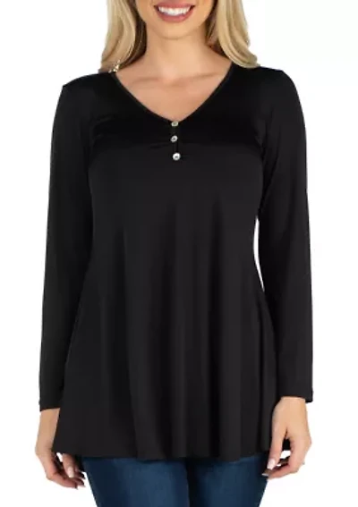 Women's Long Sleeve Button V-Neck Henley Top