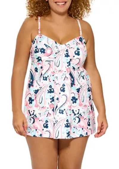 Plus Paisley Floral Shirred Bandeau Swim Dress