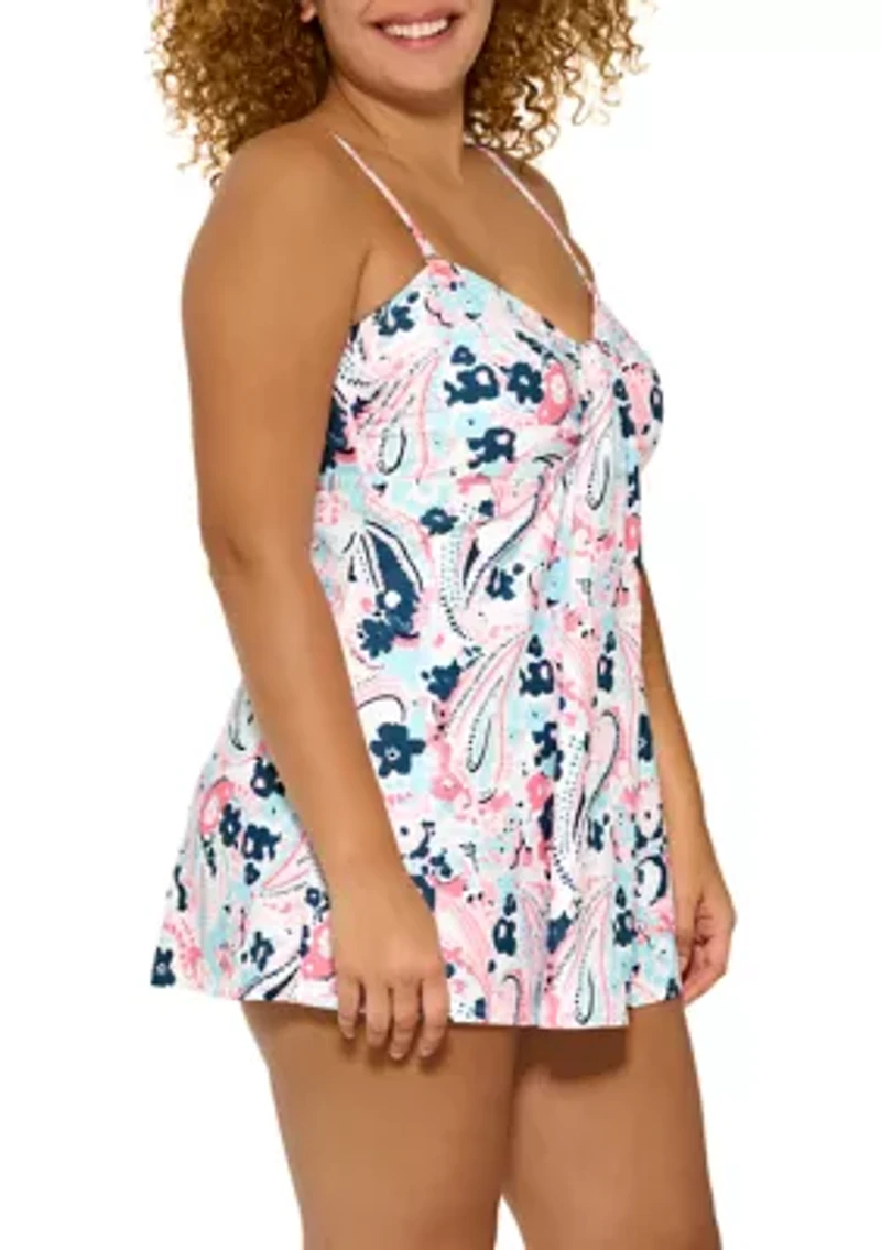 Plus Paisley Floral Shirred Bandeau Swim Dress