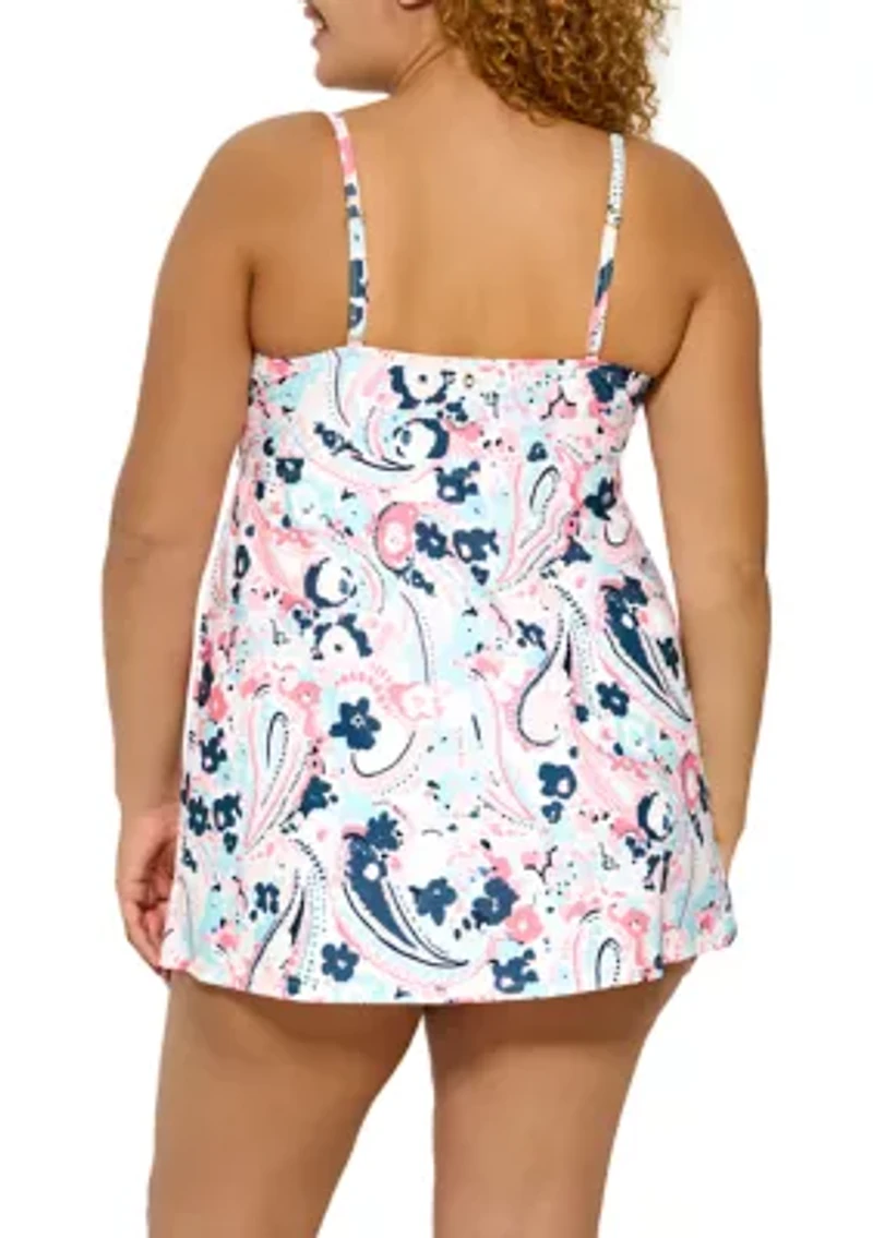 Plus Paisley Floral Shirred Bandeau Swim Dress