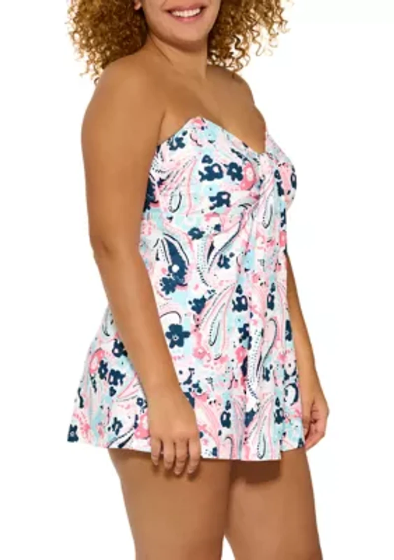 Plus Paisley Floral Shirred Bandeau Swim Dress