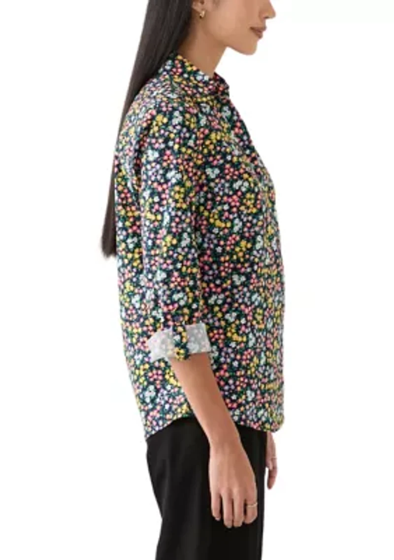 Petite 3/4 Roll Tab Printed Button Up Shirt