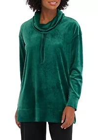 Petite Long Sleeve Rib Velour Cowl Neck Tunic Top