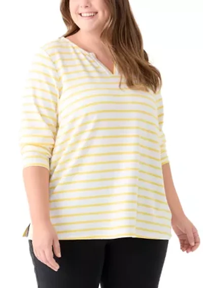 Plus Long Sleeve Split Neck Terry Stripe Top