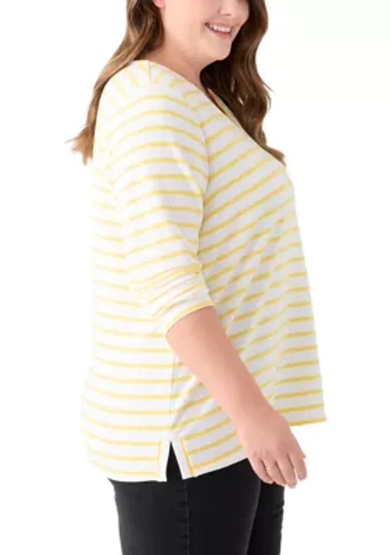 Plus Long Sleeve Split Neck Terry Stripe Top