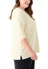 Plus Long Sleeve Split Neck Terry Stripe Top