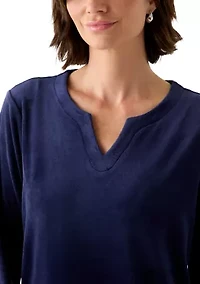 Women's Long Sleeve Velour Notch Tunic Top
