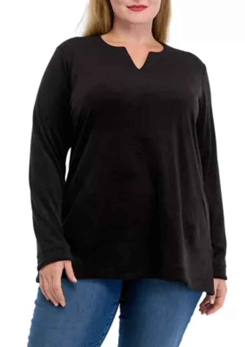 Plus Velour Split Neck Top