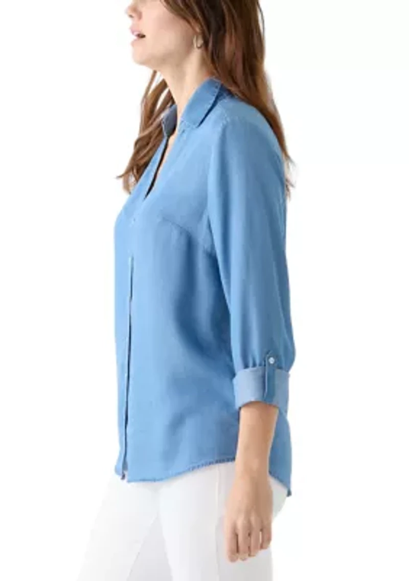 Women's Collared Roll Tab Sleeve Chambray Shirt