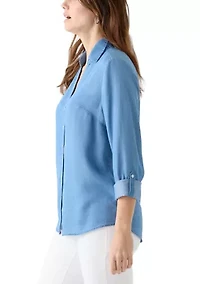 Women's Collared Roll Tab Sleeve Chambray Shirt