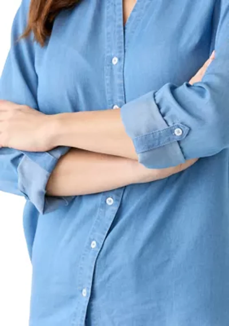 Women's Collared Roll Tab Sleeve Chambray Shirt