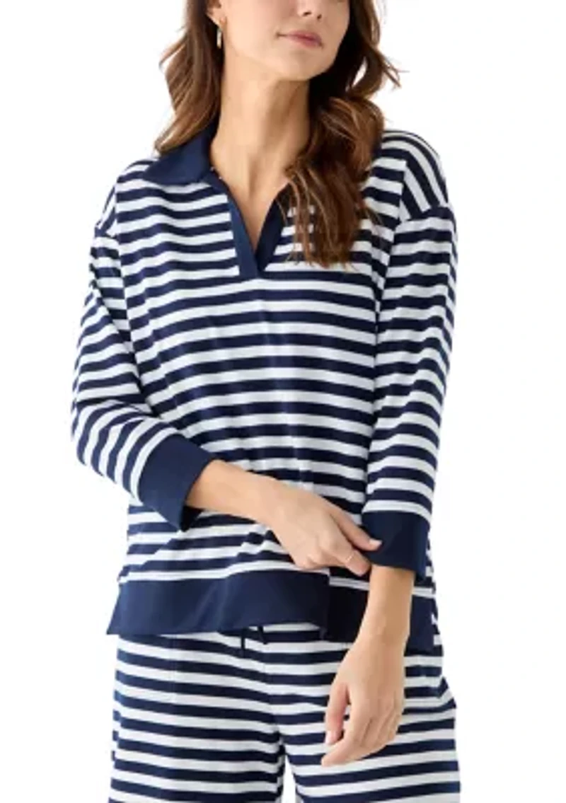 Women's 3/4 Sleeve Slub Terry Johnny Collar Stripe Top