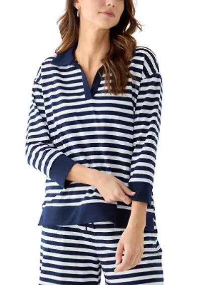 Women's 3/4 Sleeve Slub Terry Johnny Collar Stripe Top