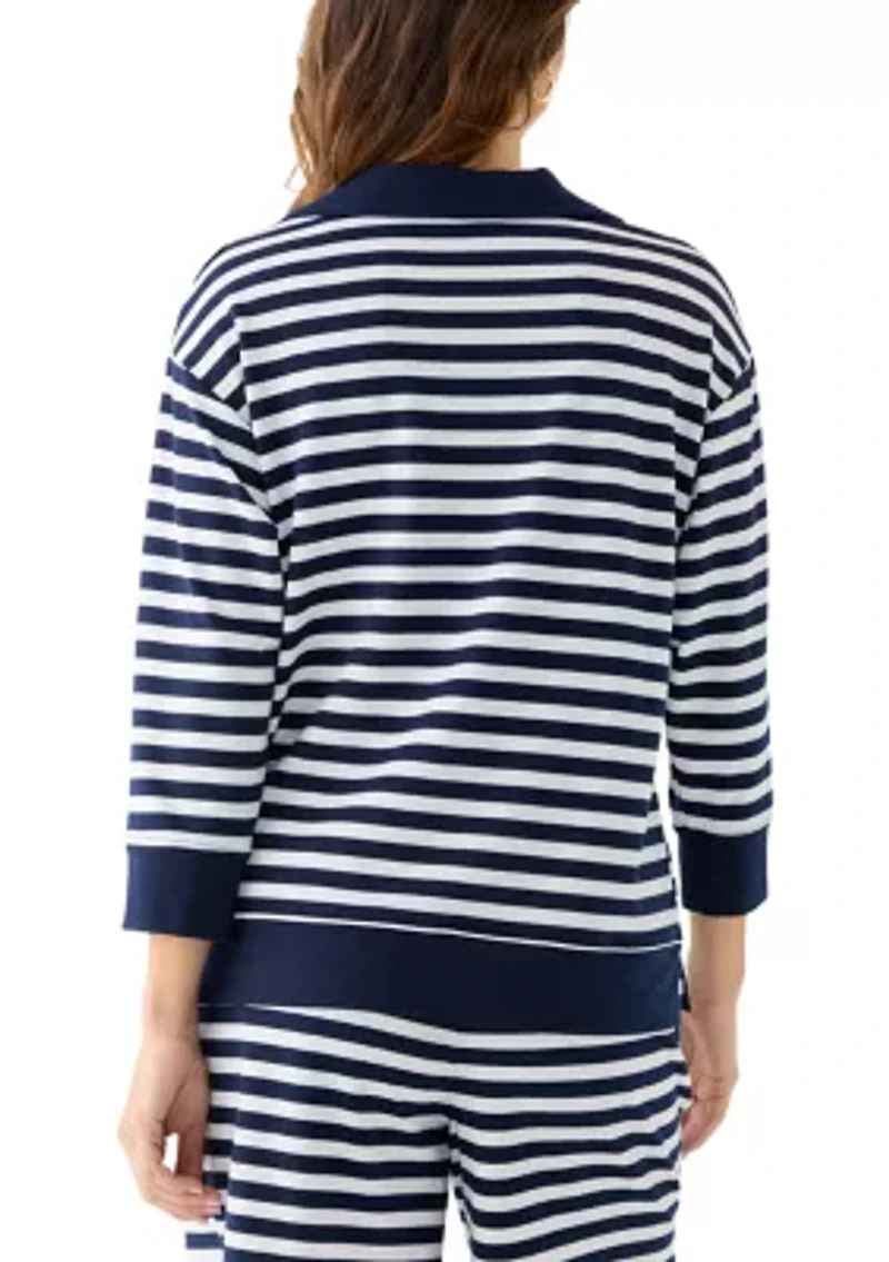 Women's 3/4 Sleeve Slub Terry Johnny Collar Stripe Top