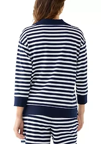 Women's 3/4 Sleeve Slub Terry Johnny Collar Stripe Top