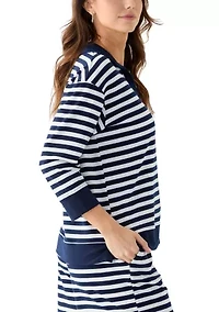 Women's 3/4 Sleeve Slub Terry Johnny Collar Stripe Top