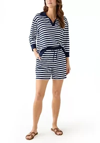 Women's 3/4 Sleeve Slub Terry Johnny Collar Stripe Top