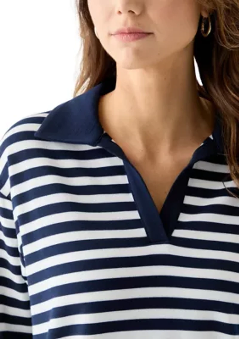 Women's 3/4 Sleeve Slub Terry Johnny Collar Stripe Top