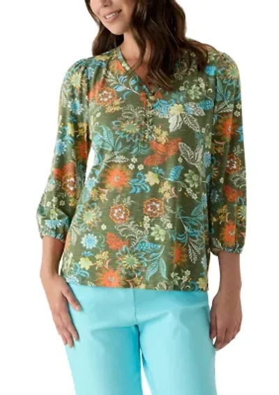 Women's Knit Printed Henley Top