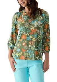 Women's Knit Printed Henley Top