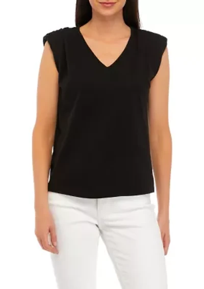 Women's Sleeveless Crew Neck Solid T-Shirt with Shoulder Pads