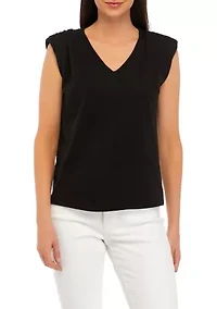 Women's Sleeveless Crew Neck Solid T-Shirt with Shoulder Pads