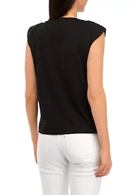 Women's Sleeveless Crew Neck Solid T-Shirt with Shoulder Pads