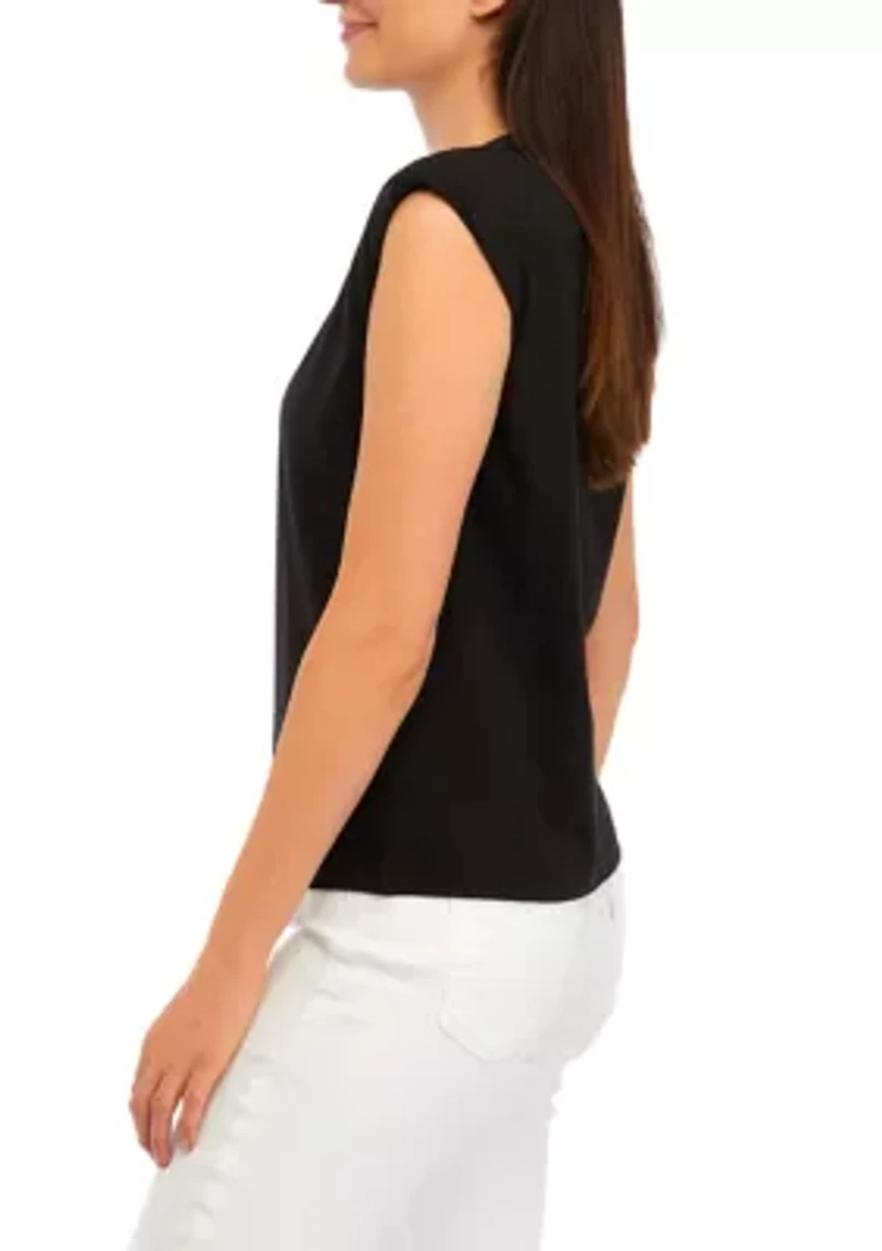 Women's Sleeveless Crew Neck Solid T-Shirt with Shoulder Pads