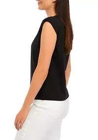 Women's Sleeveless Crew Neck Solid T-Shirt with Shoulder Pads