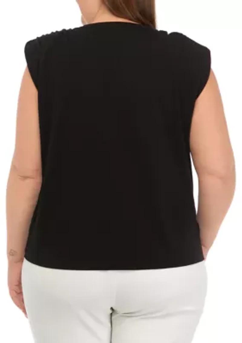 Plus V-Neck Shoulder Pad Solid T-Shirt
