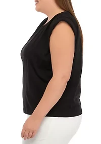 Plus V-Neck Shoulder Pad Solid T-Shirt